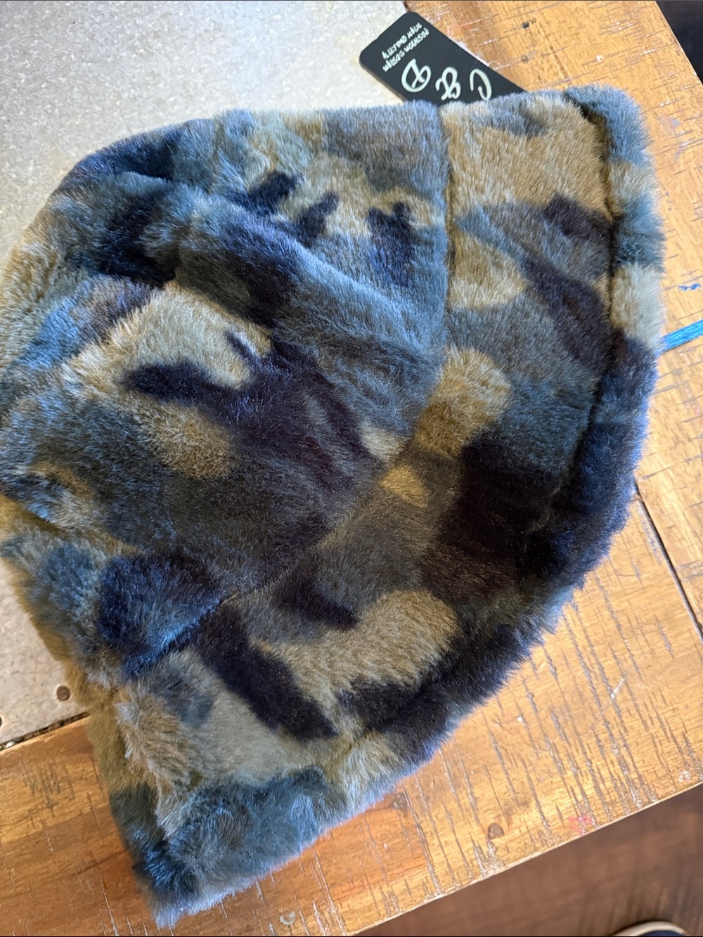 Faux Fur Camo Bucket Hat in Olive & Black